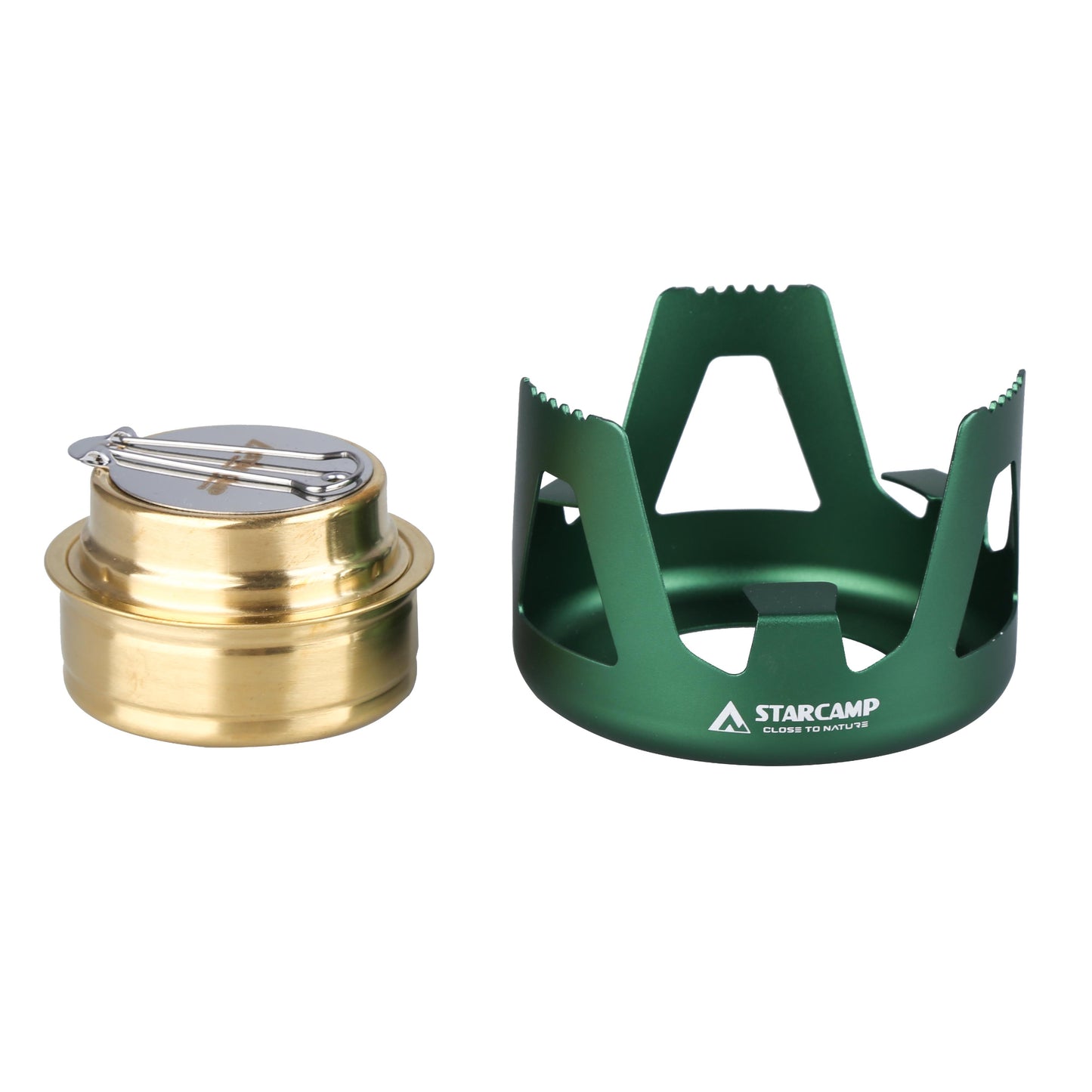 Gold and green camping stove components on a white background