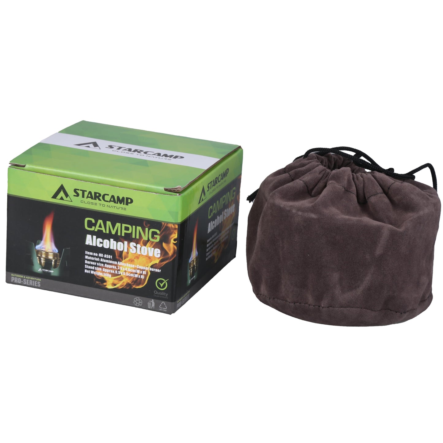 Starcamp camping alcohol stove packaging with a brown drawstring bag on a white background